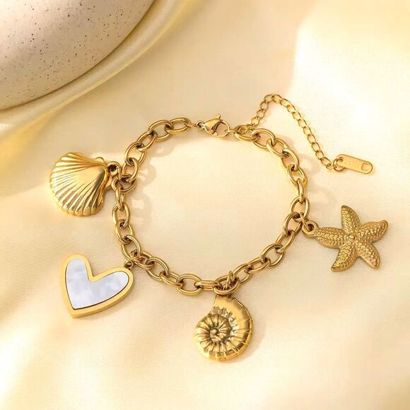 Unbranded Jewelry - 18K Gold Plated Starfish Shell Heart Bracelet Stainless Steel Adjustable NEW